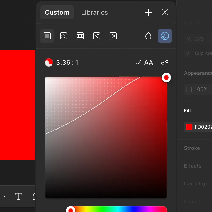 Figma color picker displaying contrast ratio 3.36:1 with WCAG AA indicator and a red gradient selection.