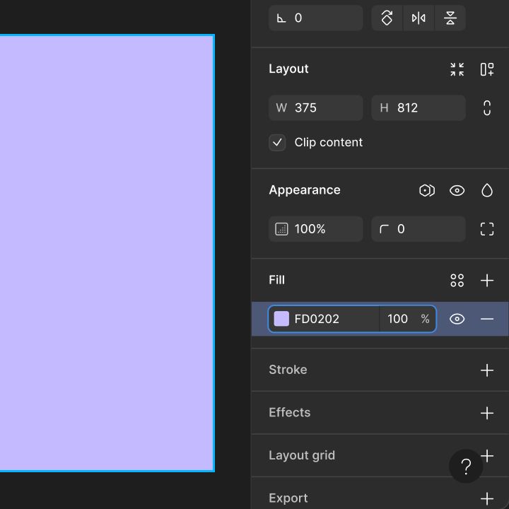 Figma design panel showing a solid purple fill with hex code #FD0202 set to 100 percent opacity.