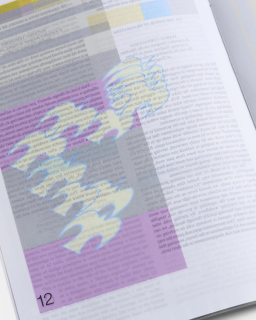 A close-up of a print spread shows an illustration of abstracted birds printed on vellum.