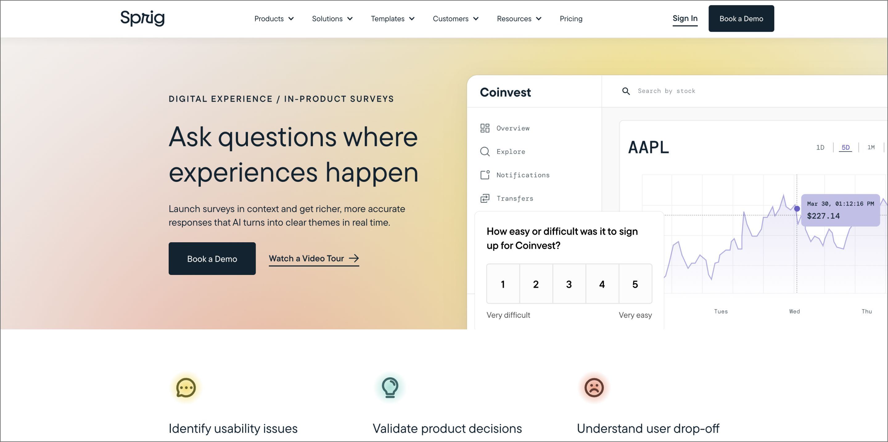 Screenshot of Sprig’s website, showing in-product surveys
