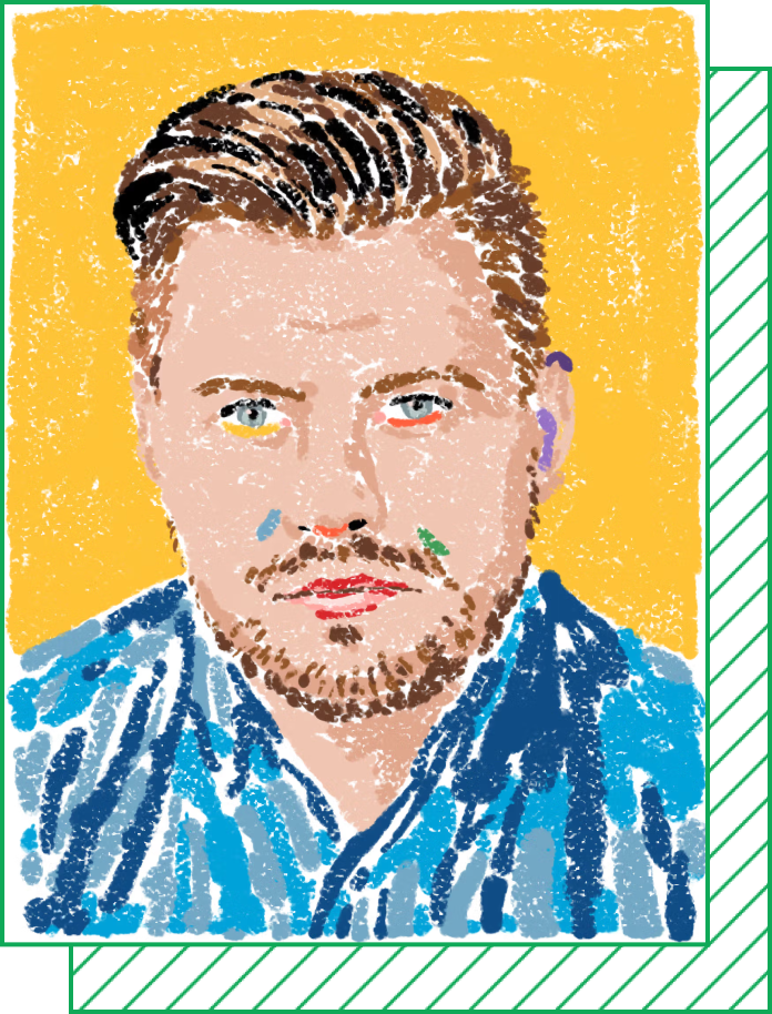 An illustration of Karri Saarinen, a man with brown hair and a short beard, wearing a blue shirt against a yellow background.