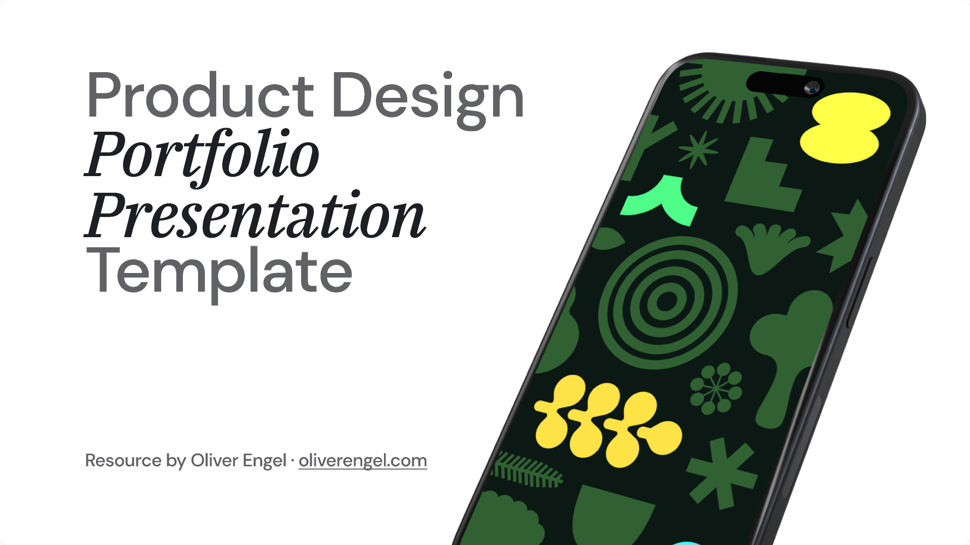 A smartphone with a colorful abstract design on the screen, next to the text: 'Product Design Portfolio Presentation Template.'