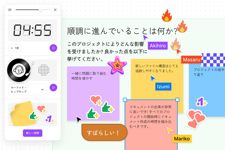 タイマー、スタンプ、付箋、「すばらしい」と言っているカーソルチャットが表示されているFigJamボードの画像。