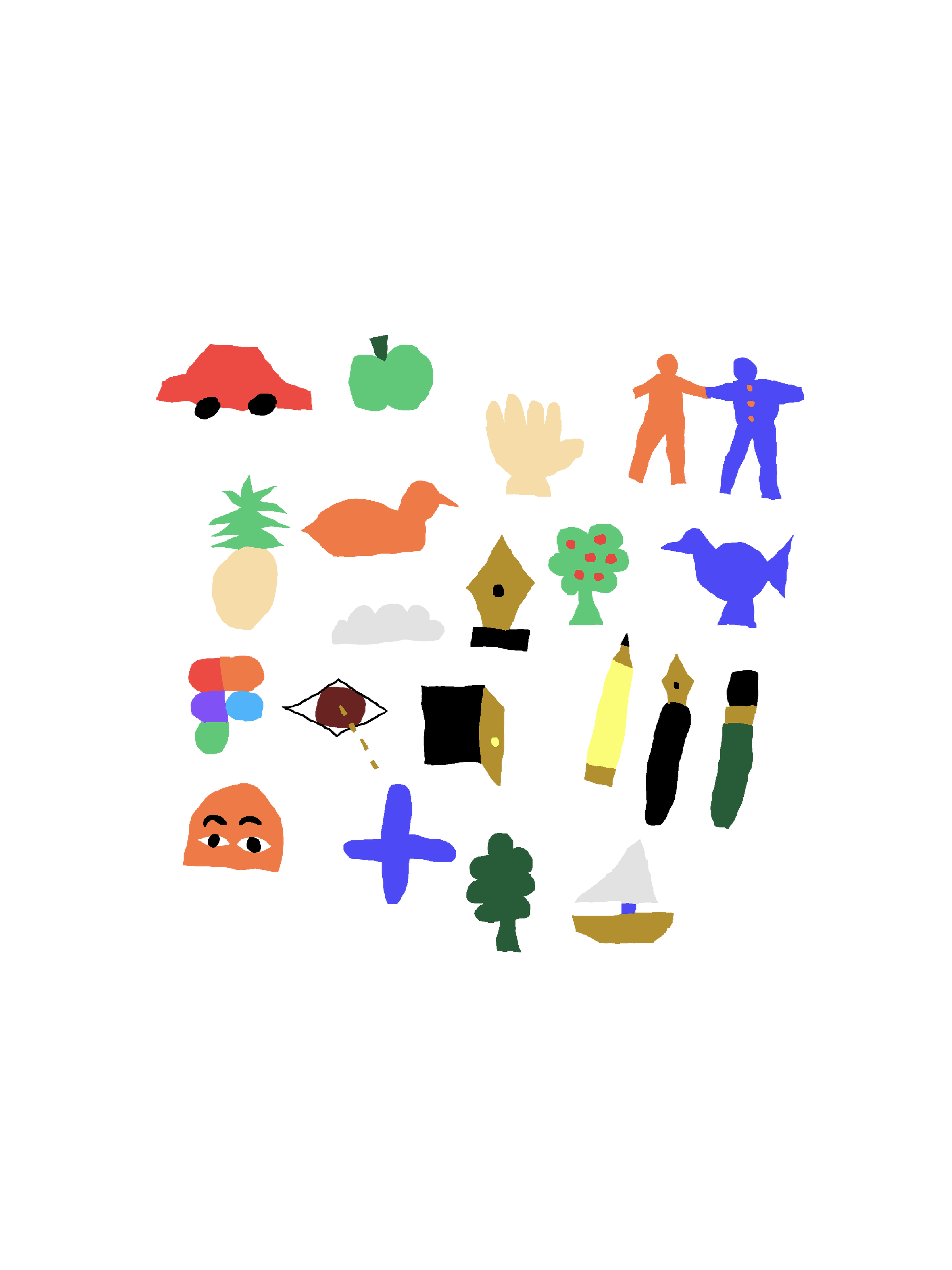 A collection of hand-painted icons in a childlike style, including a red car, green apple, hand, pineapple, duck, bird, birdhouse, tree, pencil, pen, paintbrush, sailboat, cloud, and two figures holding hands