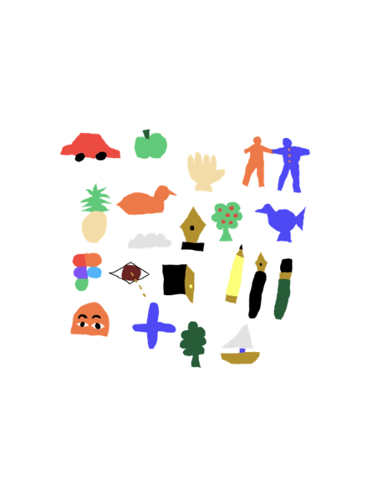 A collection of hand-painted icons in a childlike style, including a red car, green apple, hand, pineapple, duck, bird, birdhouse, tree, pencil, pen, paintbrush, sailboat, cloud, and two figures holding hands