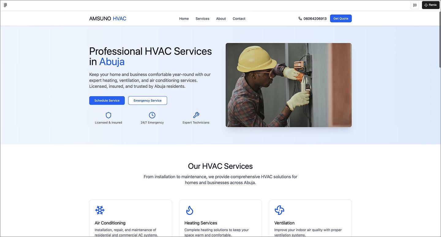 Screenshot of the HVAC company website created using Figma Make.