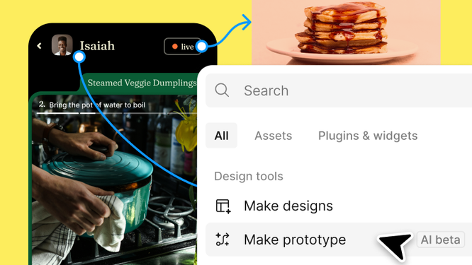 Figma UI with a cursor hovering over "Make prototype," with prototype wires connecting UI.