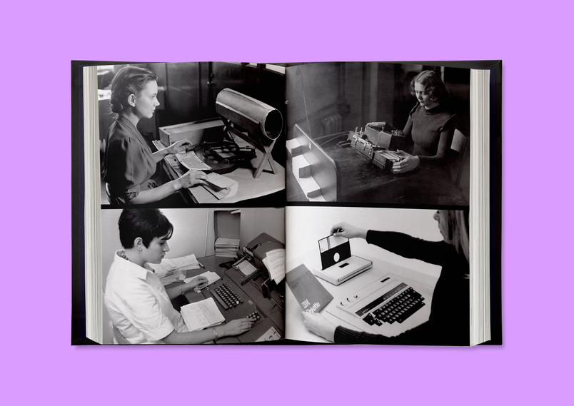 open spread of book showing various people using different keyboards for data entry