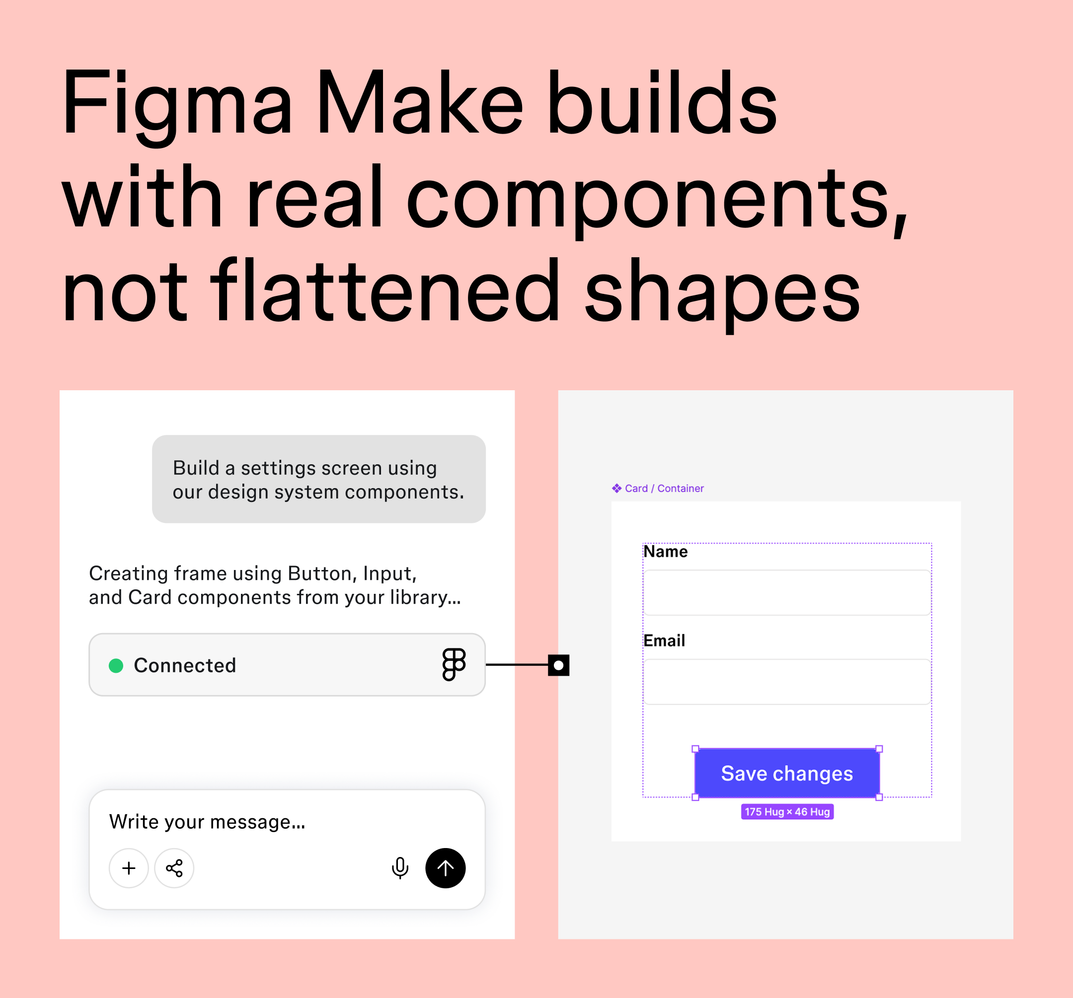 Split-screen image showing an AI agent prompt on the left and the Figma canvas on the right, where the agent has used the Figma MCP server to build a settings screen frame using real design system components like Button, Input, and Card.