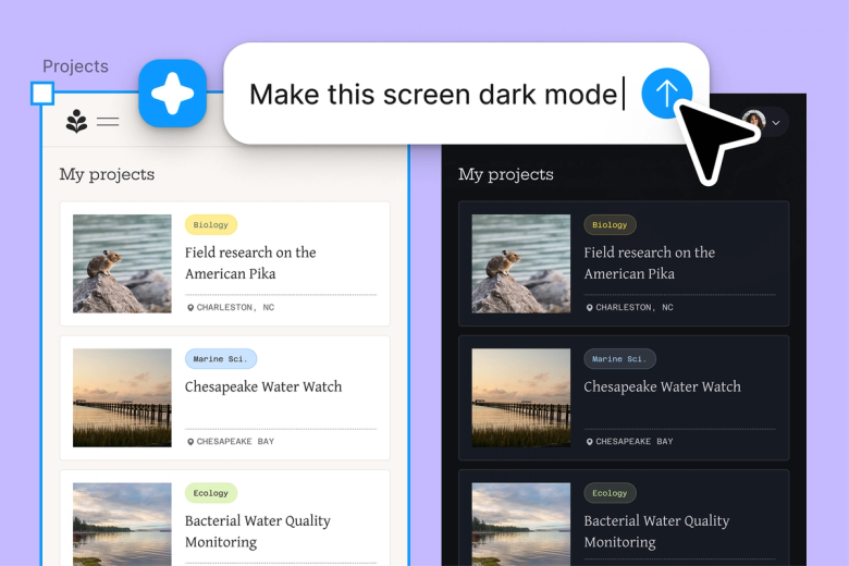 Four-screen mobile onboarding flow for a book app called "Dogeared" showing Figma's agent applying a brown color scheme and dark mode across all screens simultaneously using the prompt "Switch to brown color scheme and dark mode"