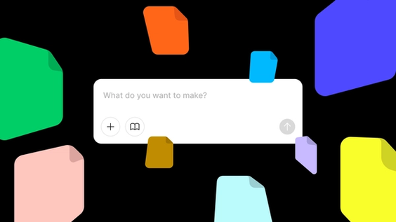 A Figma Make prompt input centered on screen surrounded by colorful file shapes, representing different types of attachments being added.