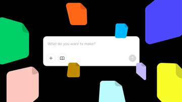 A Figma Make prompt input centered on screen surrounded by colorful file shapes, representing different types of attachments being added.
