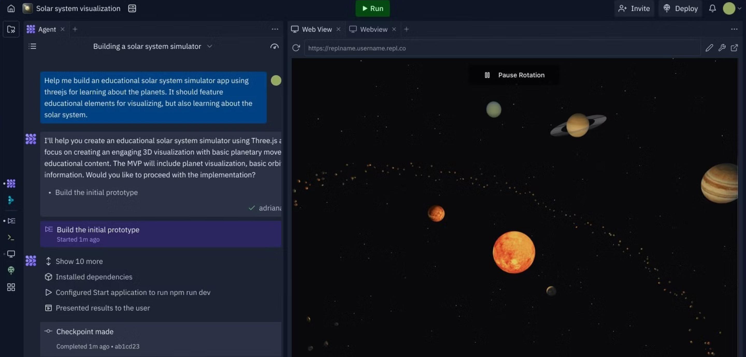 A screenshot of the Replit app builder creating a solar system simulator.