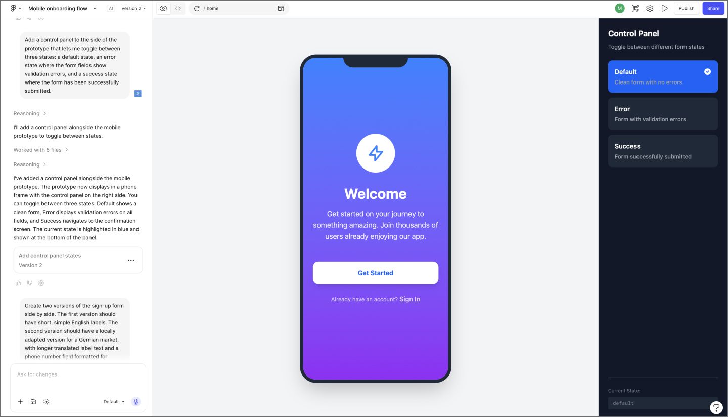 A Figma Make prototype showing a custom control panel alongside a multi-screen onboarding flow, with toggles for switching between different user states.