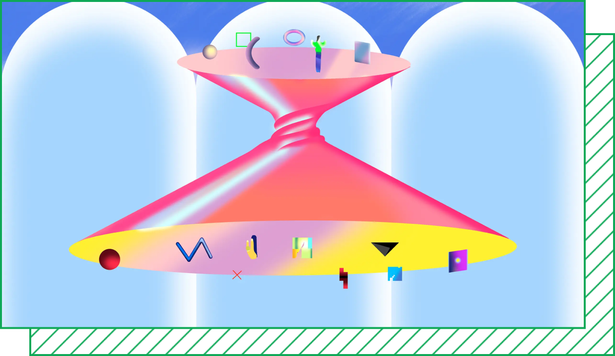  An illustration shows a twisted funnel with small, abstract shapes entering and exiting openings at the top and bottom.