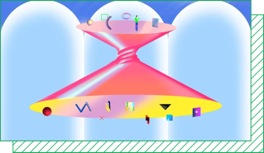 An illustration shows a twisted funnel with small, abstract shapes entering and exiting openings at the top and bottom.