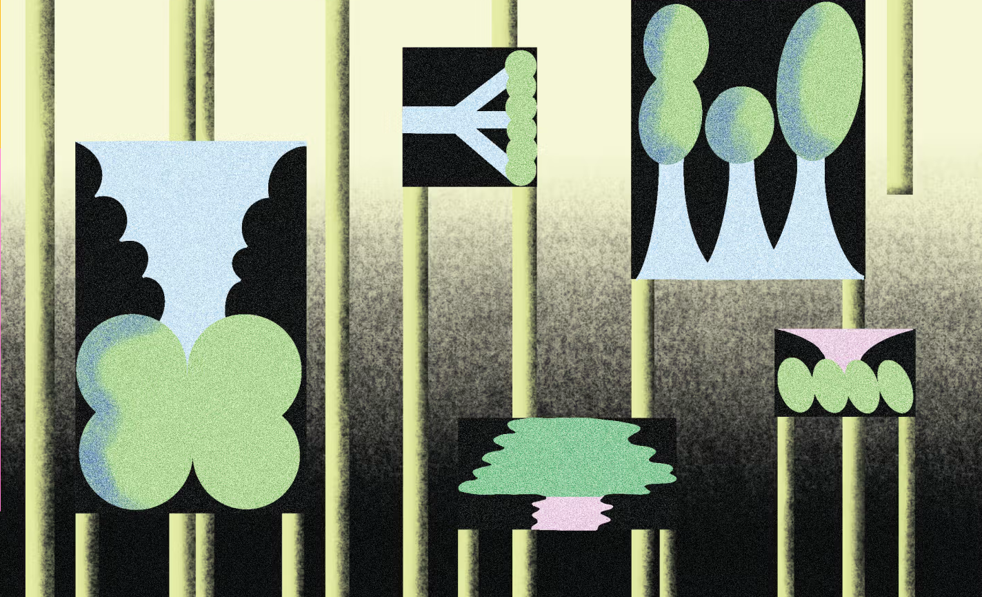 Abstract illustration of stylized tree shapes in green, blue, and pink on a gradient yellow and black background.