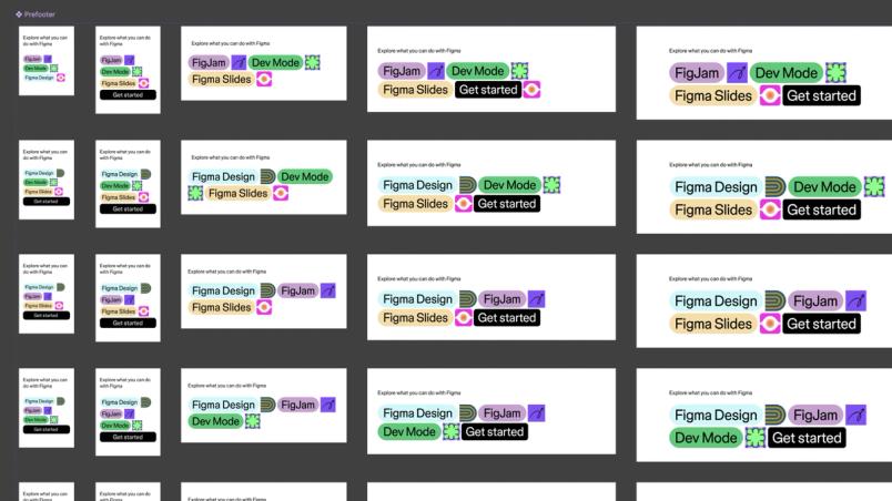 A series of prefabricated footer designs titled "Explore what you can do with Figma" featuring product names like Figma Design, FigJam, Dev Mode, and Figma Slides. Each design showcases different layouts for these options.