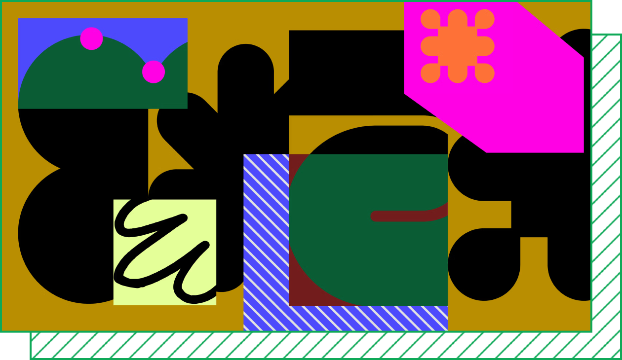 An abstract collage of rounded shapes and patterns overlap on a dark yellow background.