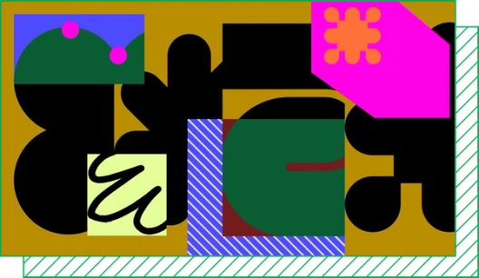 An abstract collage of rounded shapes and patterns overlap on a dark yellow background.