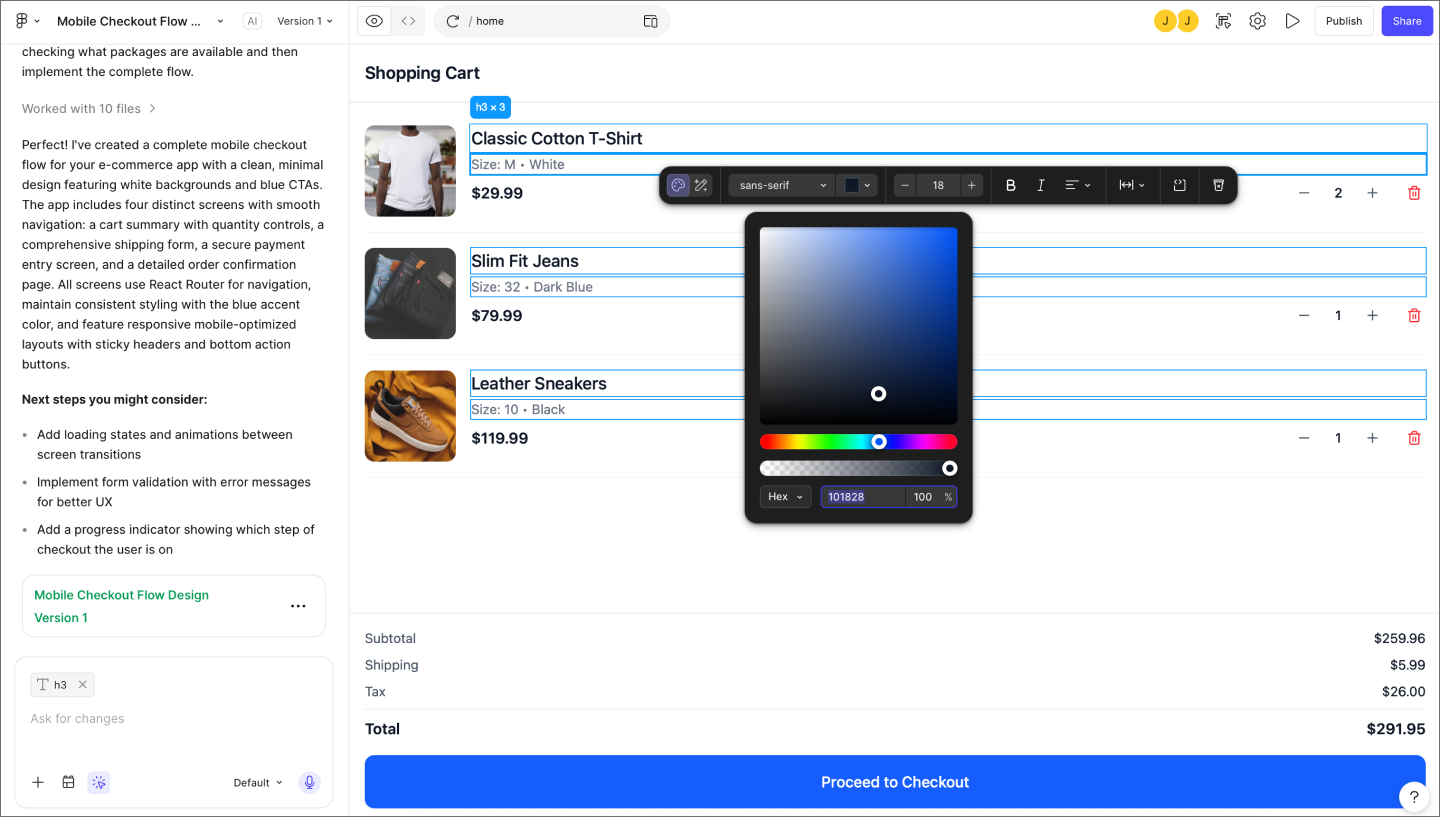 Product manager using Figma Make’s point and edit tool to adjust a heading color in a generated checkout flow prototype.