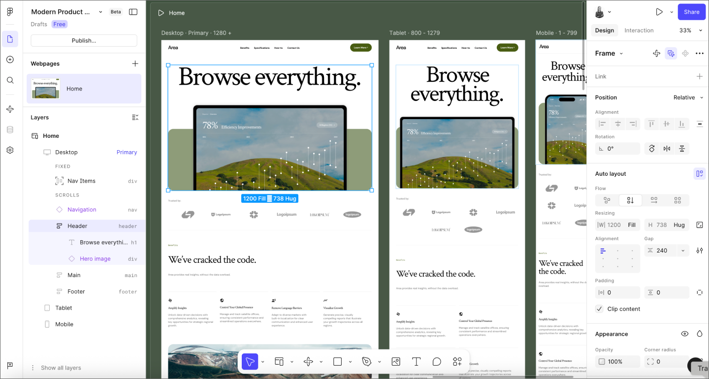 Screenshot of a user prompting Figma Design to edit the UX design of a product launch.