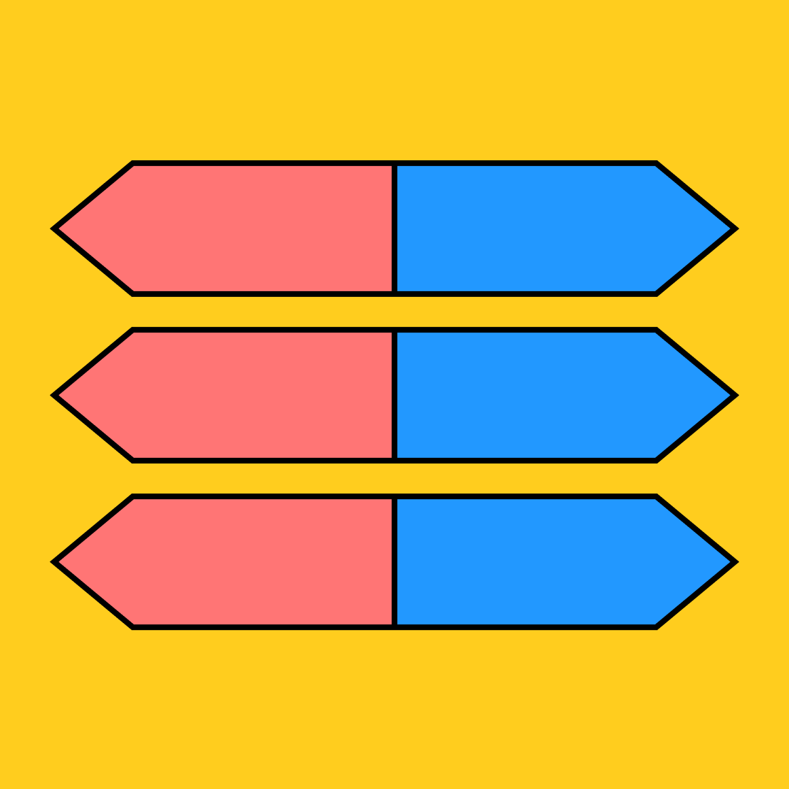 double sided arrows divided down the middle with red on the left and blue on the right