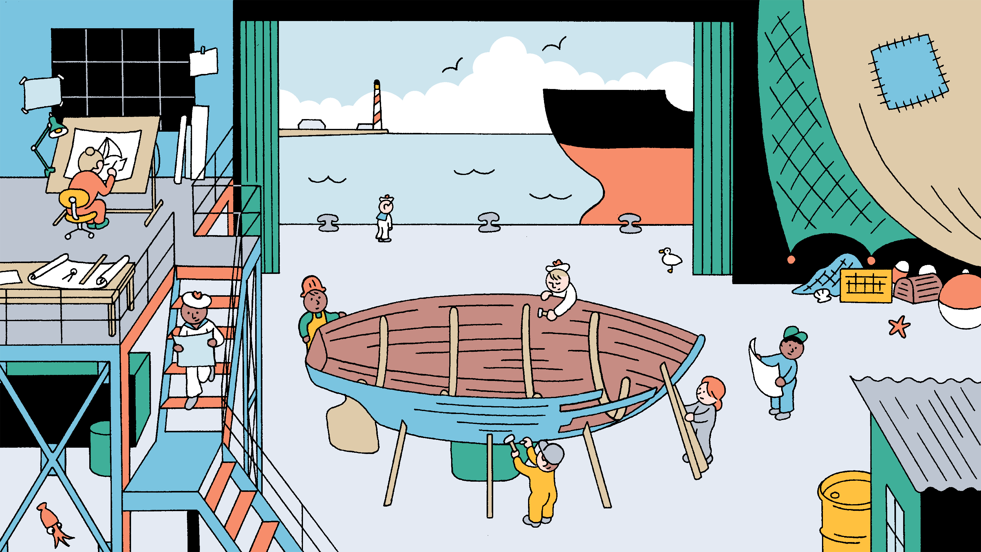 An illustration of a ship hull being built in a warehouse with several workers building the body or examining drawings