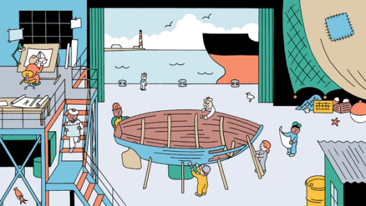 An illustration of a ship hull being built in a warehouse with several workers building the body or examining drawings