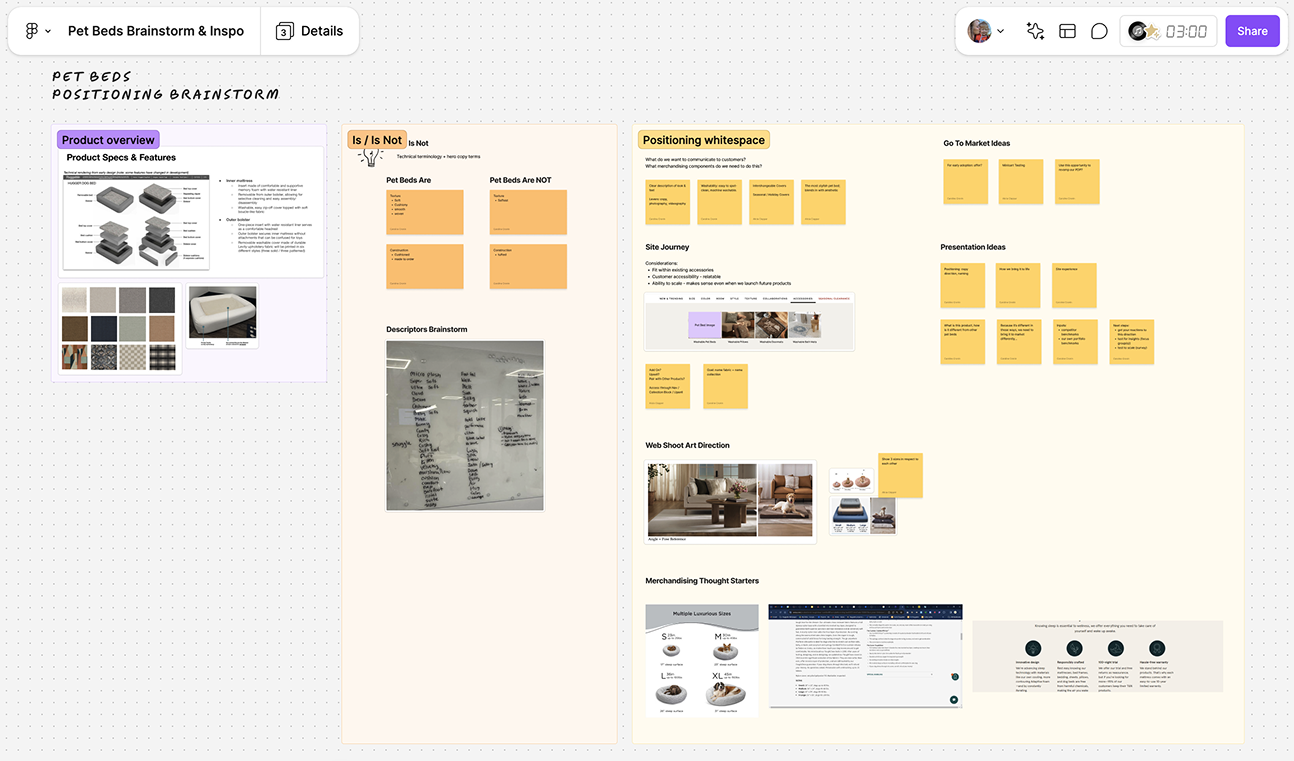 figjam board with product overview and design inspiration with sticky notes