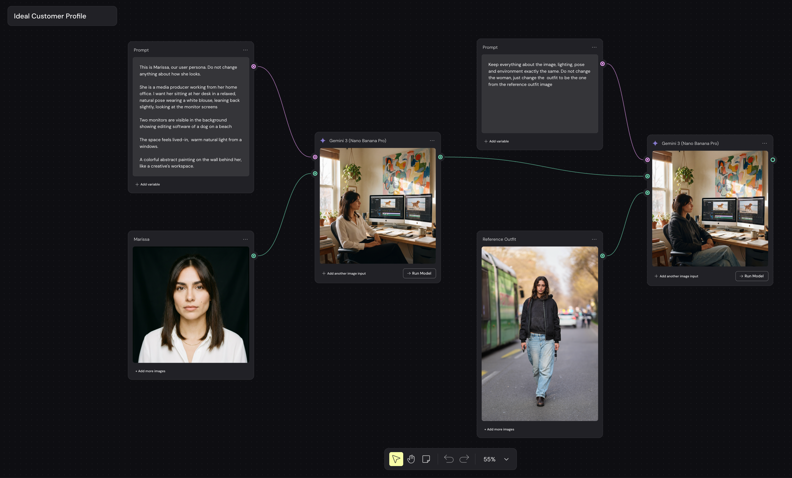 A Weave workflow transforms a profile picture into an image of a casually dressed woman working from home.