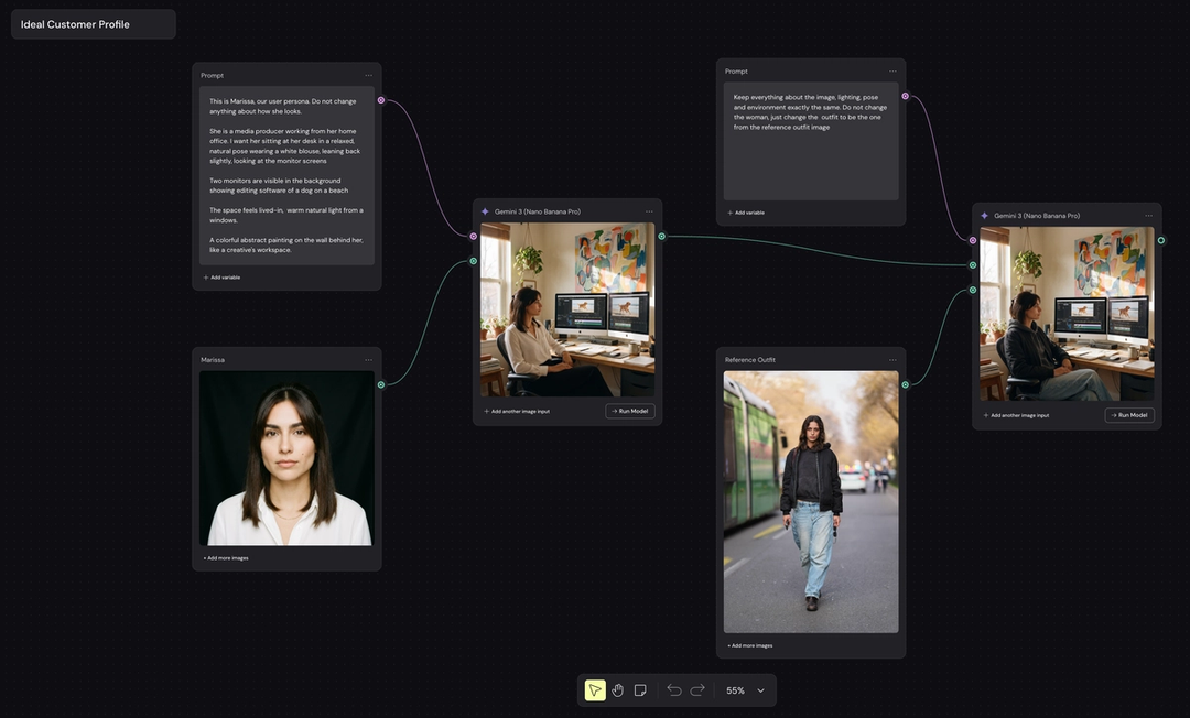 A Weave workflow transforms a profile picture into an image of a casually dressed woman working from home.