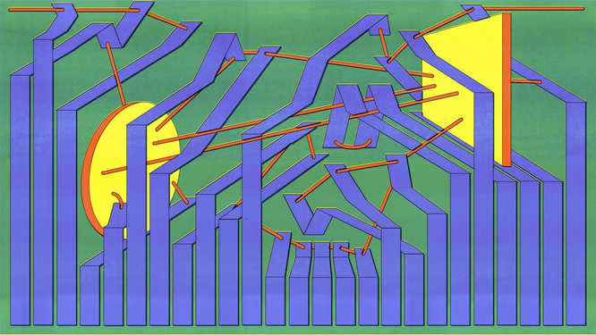 An abstract digital illustration featuring interconnected geometric shapes in a vibrant color palette. The composition consists of tall, three-dimensional blue structures resembling columns or beams, arranged in a staggered pattern. These structures have angular extensions that are connected by thin orange rods, creating a web-like effect. Two large yellow circular and rectangular shapes are present in the background, possibly resembling the sun and a doorway, set against a green textured backdrop. The artwork has a mechanical and architectural feel, with a surreal, almost kinetic energy.