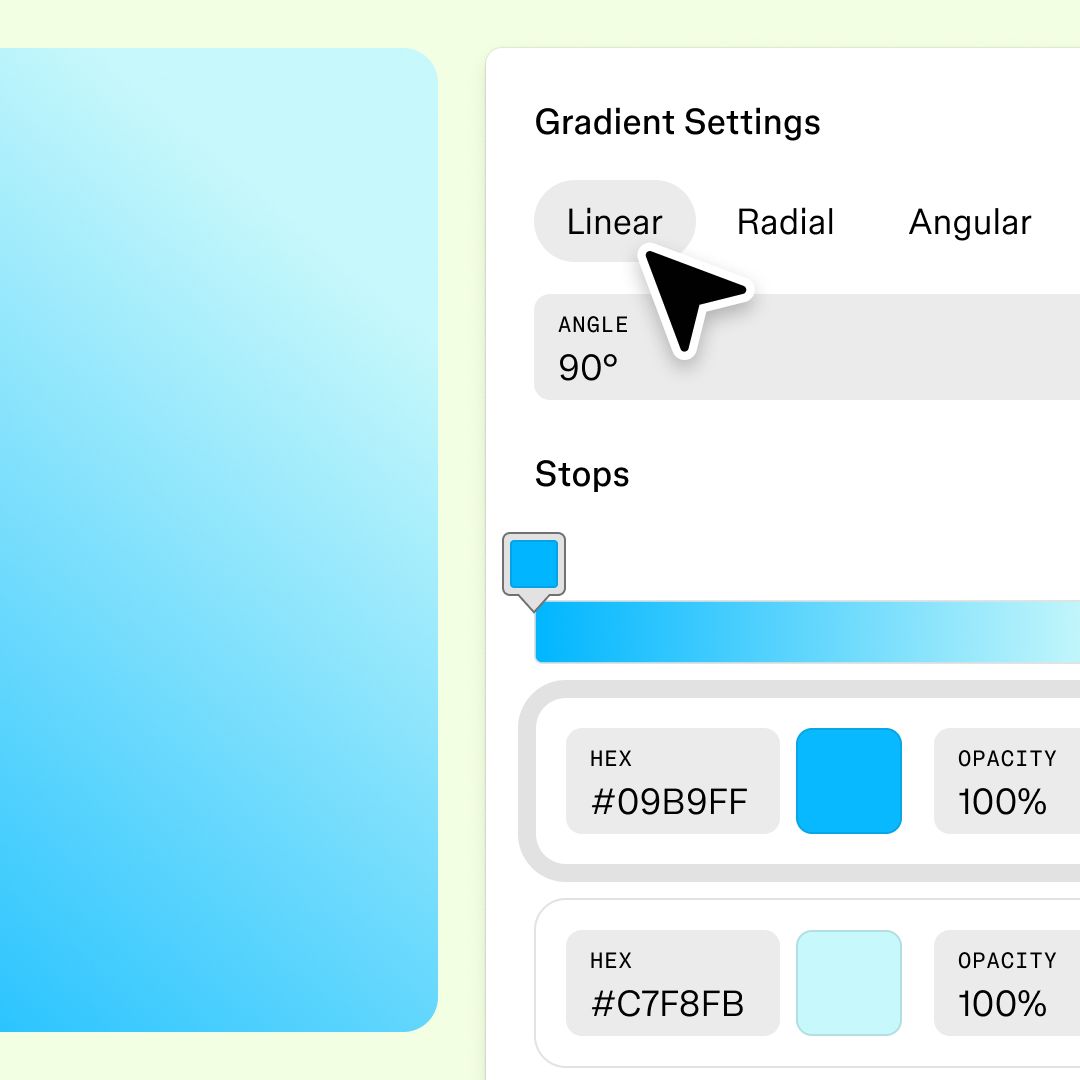 Gradient settings panel with Linear selected, angle set to 90 degrees, and a pink-to-red gradient preview with editable color stop and hex value #E2006D.