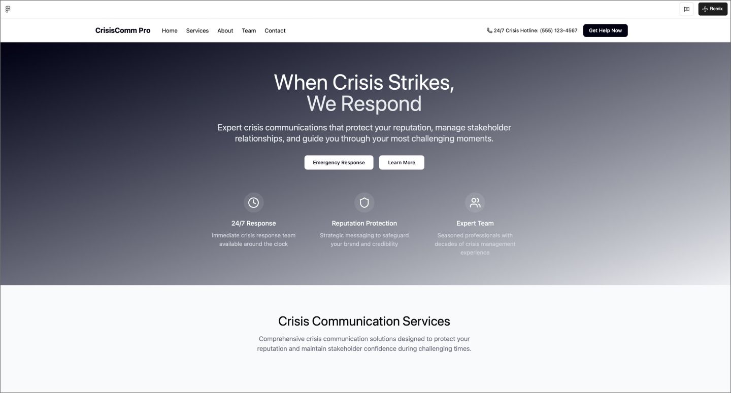 A crisis communications agency website created using Figma Make.