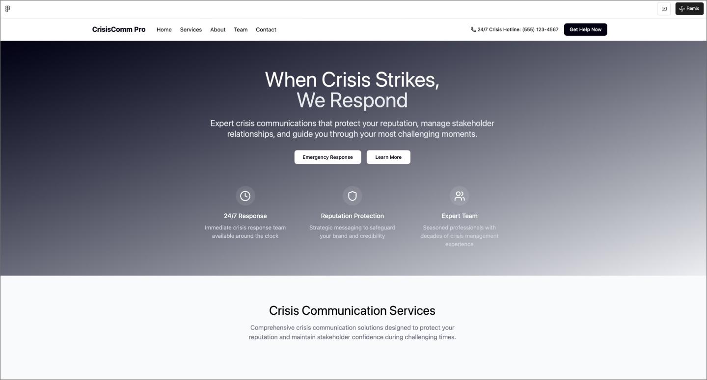 A crisis communications agency website created using Figma Make.