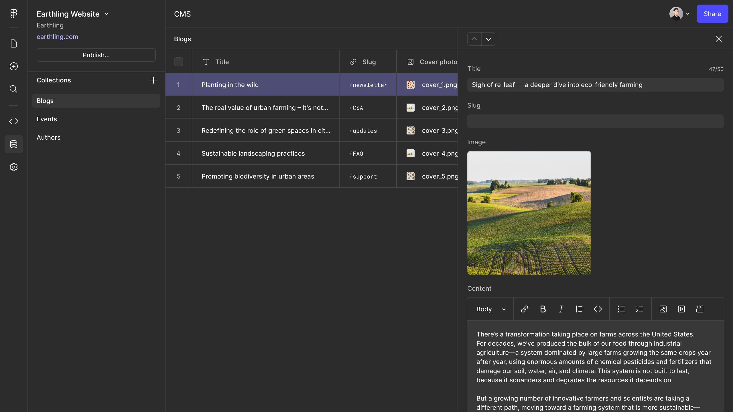 A dark-mode CMS interface for a website called "Earthling Website" displays a list of blog posts, with the first post, "Planting in the wild," selected and its title, image, and body content shown in the editor panel on the right.
