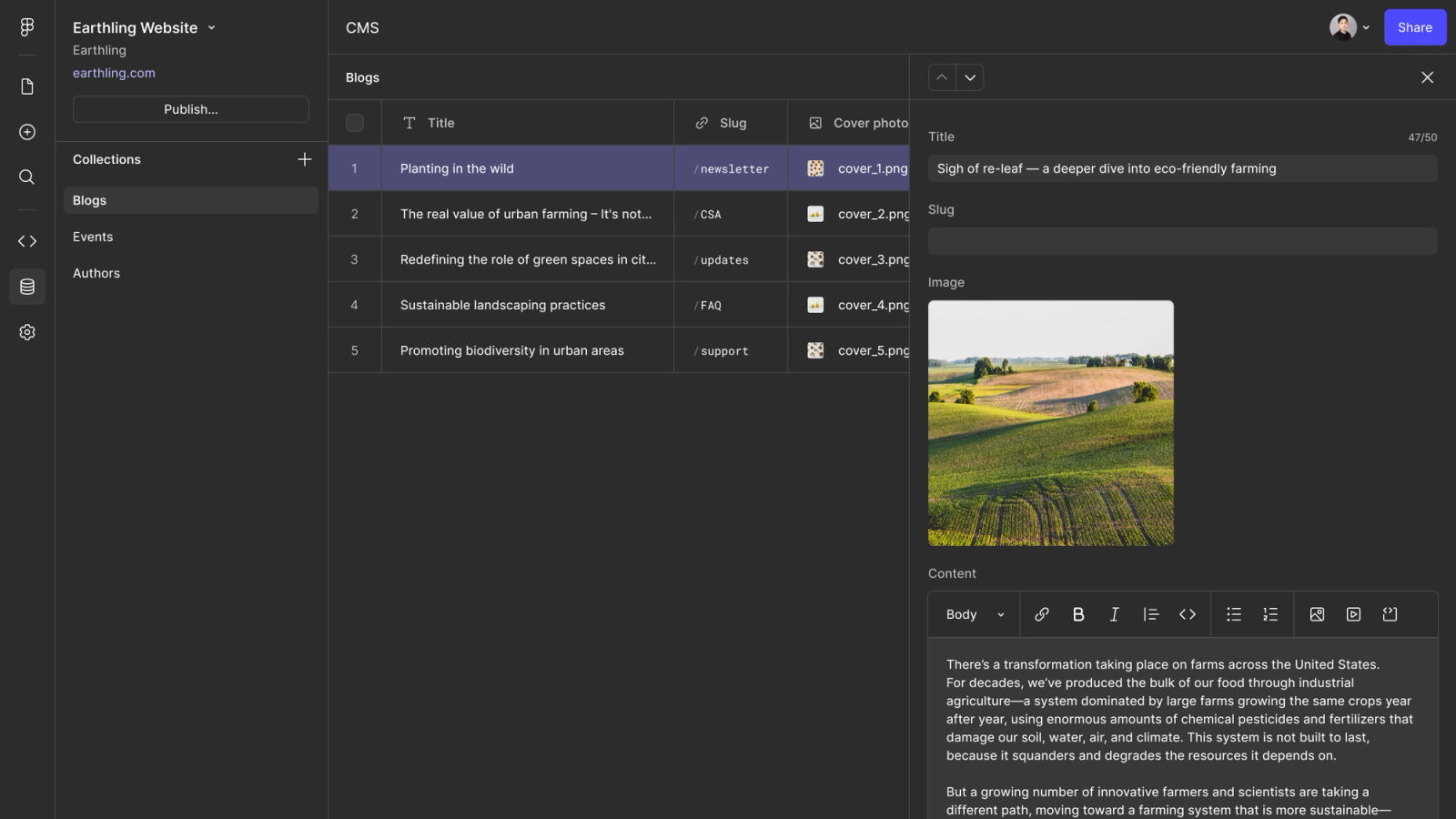Capture officielle de Figma montrant une interface CMS de Figma Sites avec une liste d’articles et un panneau d’édition.