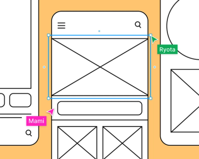 白黒のモバイルワイヤーフレームでコラボレーションする2人のチームメイトカーソル。