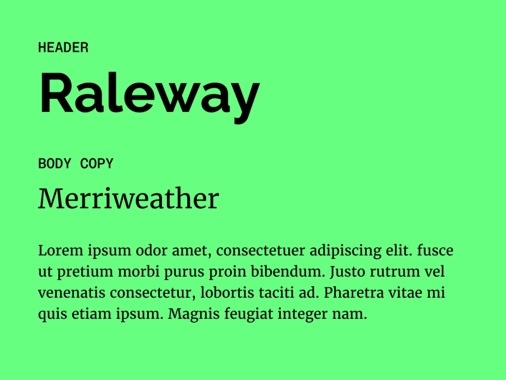 Example text showing Raleway and Merriweather as a font pairing.
