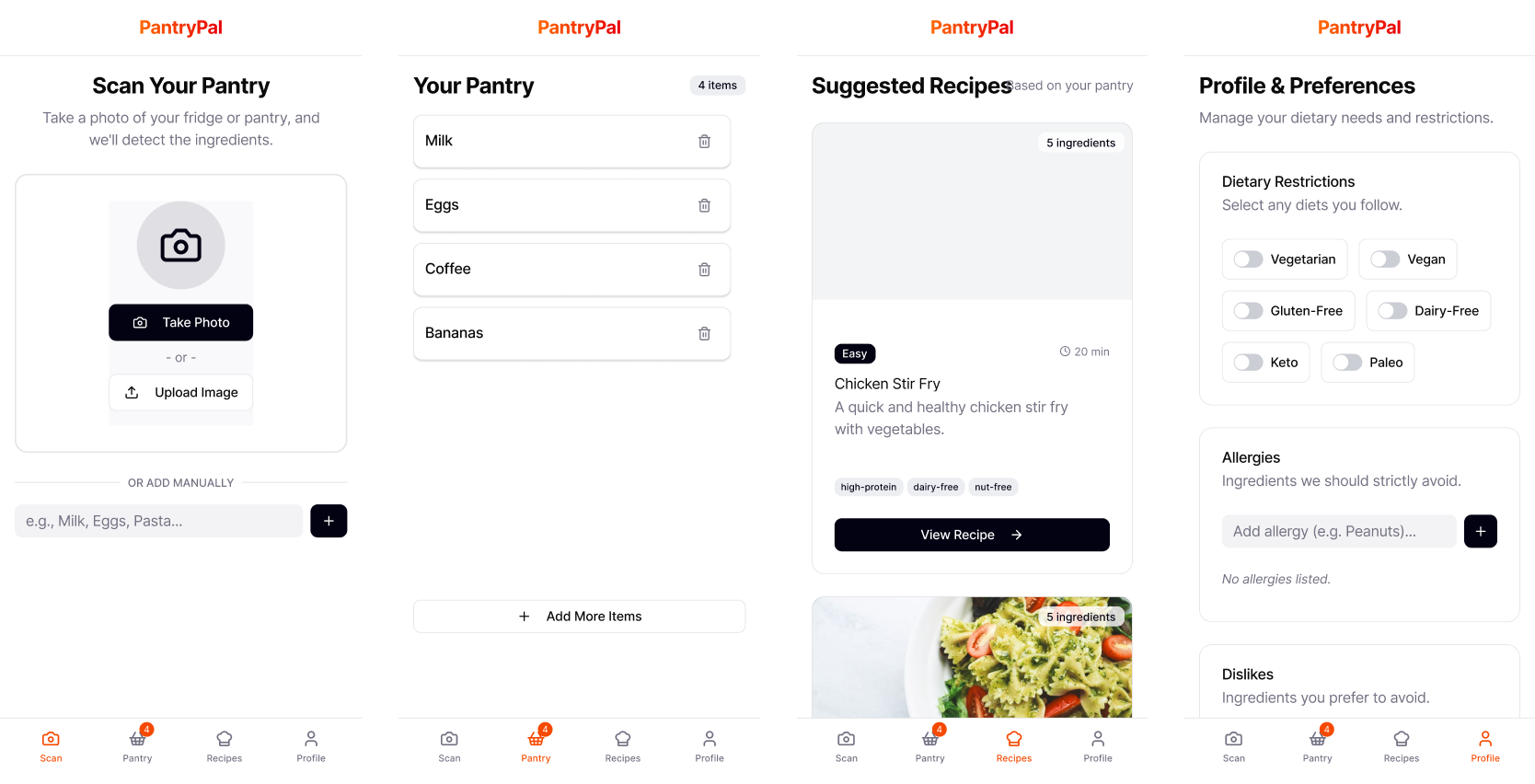 Four mobile app screens showing PantryPal’s pantry scanning, item list, recipe suggestions, and dietary preferences interface.