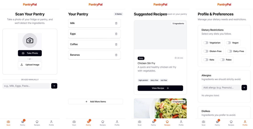 Four mobile app screens showing PantryPal’s pantry scanning, item list, recipe suggestions, and dietary preferences interface.