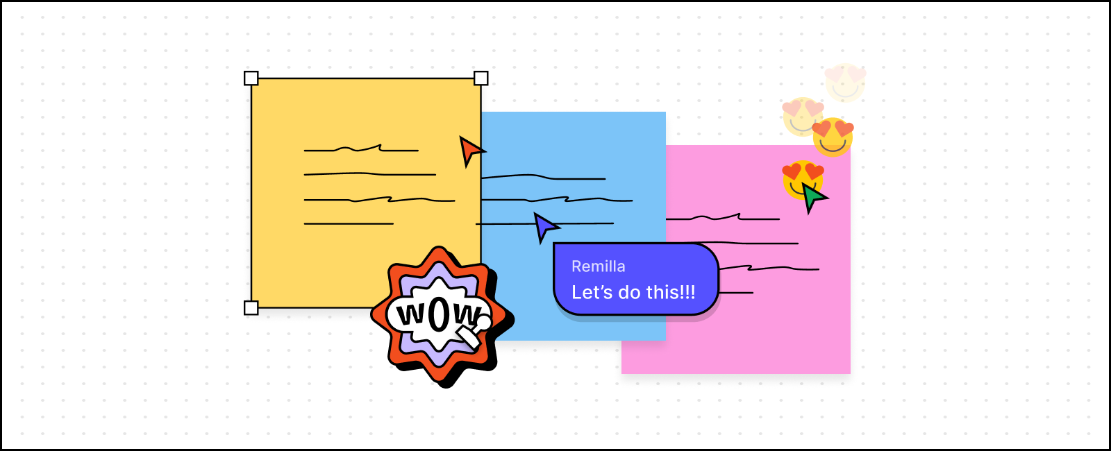 A cursor hovers over three digital stickies, and says, "Let's do this!!!"