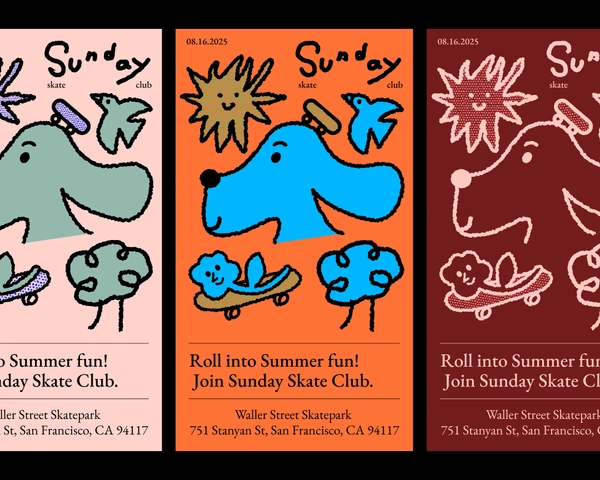 a sunday skate club flier presented in three color schemes