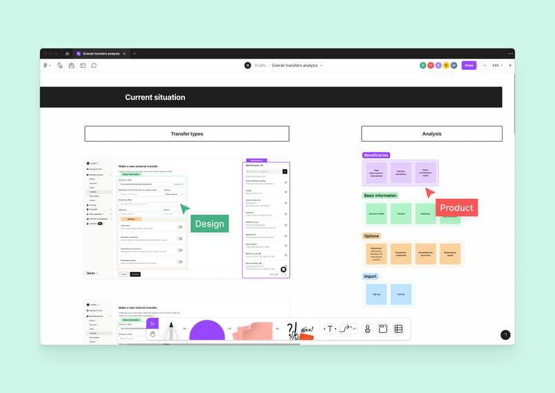 Au stade de la conception du produit, FigJam aide les designers de Qonto à travailler en étroite collaboration avec les product managers, les product marketing managers, les développeurs et les UX writers.