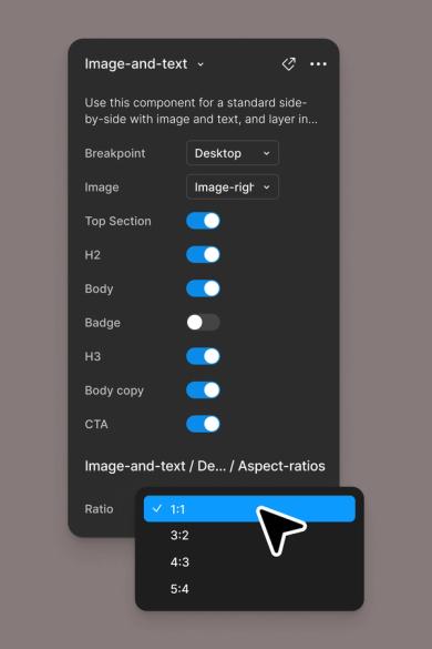 A settings panel for an "Image-and-text" component with toggles for options like image positioning, H2, body, and aspect ratio. A dropdown menu at the bottom shows selectable aspect ratios with a cursor highlighting a 1:1 ratio.