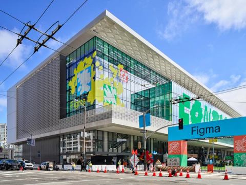 The Moscone Center exterior displays large Figma and Config branding on its glass facade.