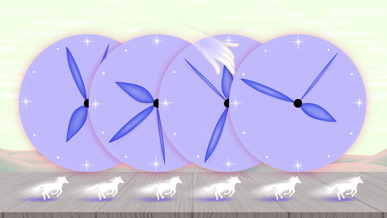 Four overlapping lavender clocks with blue hands above a row of galloping white horses on a wooden surface.