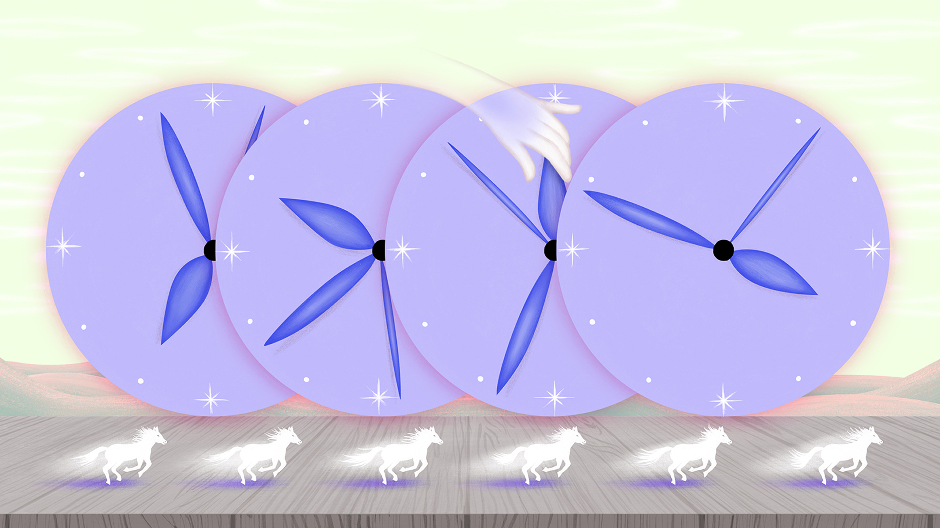 Four overlapping lavender clocks with blue hands above a row of galloping white horses on a wooden surface.