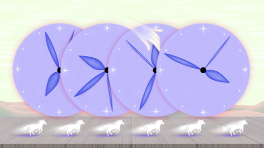 Four overlapping lavender clocks with blue hands above a row of galloping white horses on a wooden surface.
